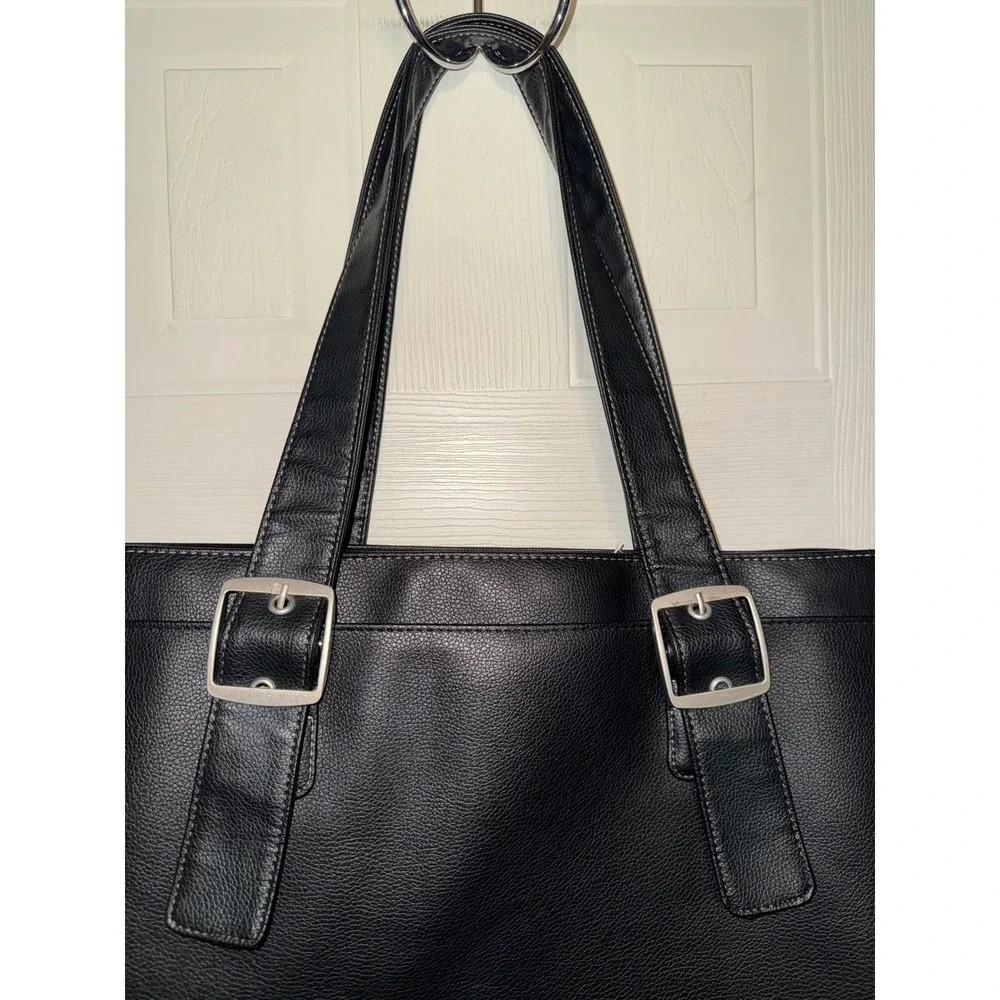 Solo Black Faux Leather Laptop Tote Bag Large Buckle Detail Blue Interior